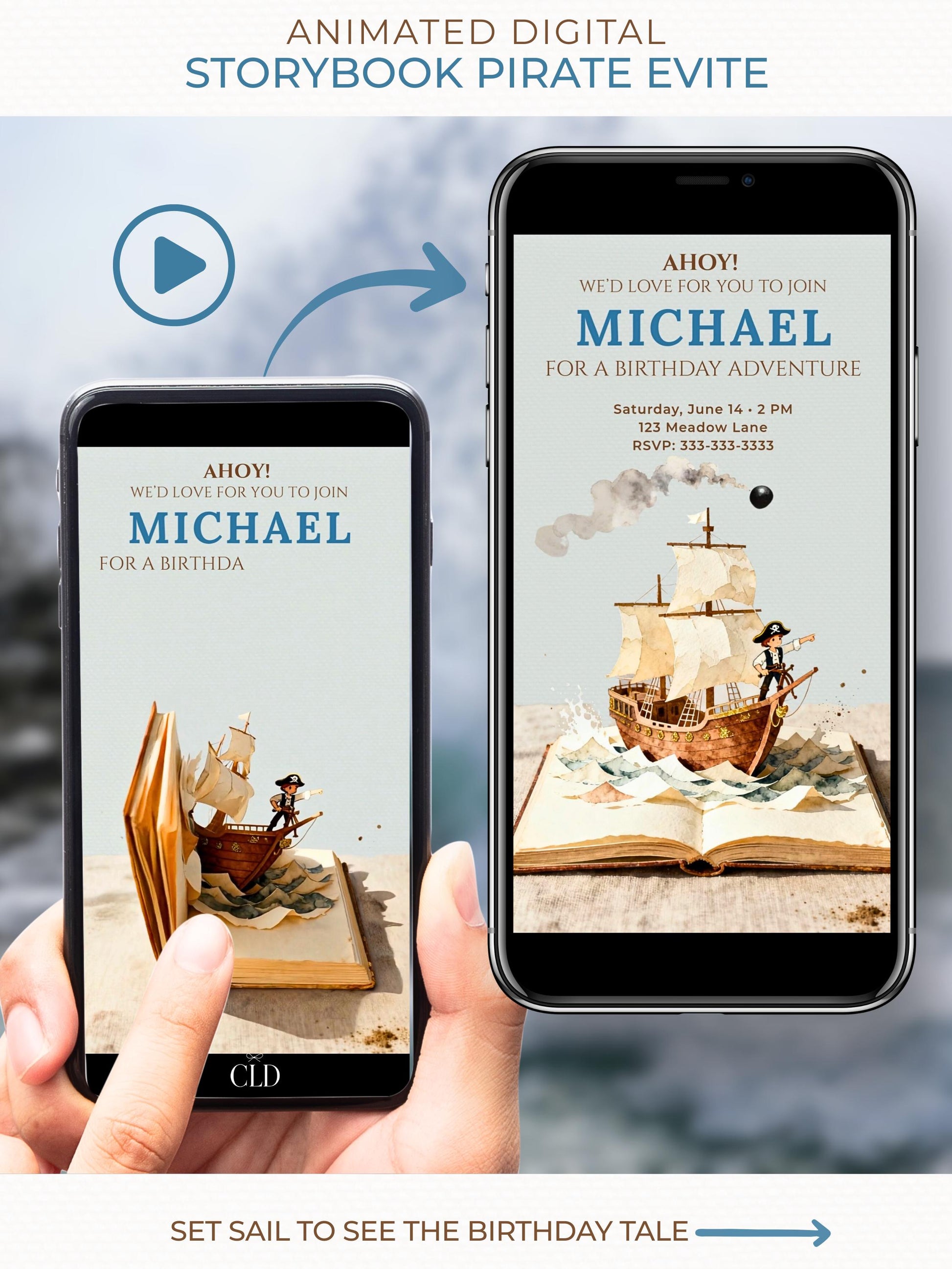 Photo of hands holding a vintage book. On the phone screen above the book is an animated pirate kids’ invitation design showing the text “Ahoy! We’d love for you to join Michael for a Birthday Adventure” and a pop-up style pirate ship on open book pages with paper waves and a cannonball flying overhead. Soft natural tones, minimal vintage composition, digital invite mockup