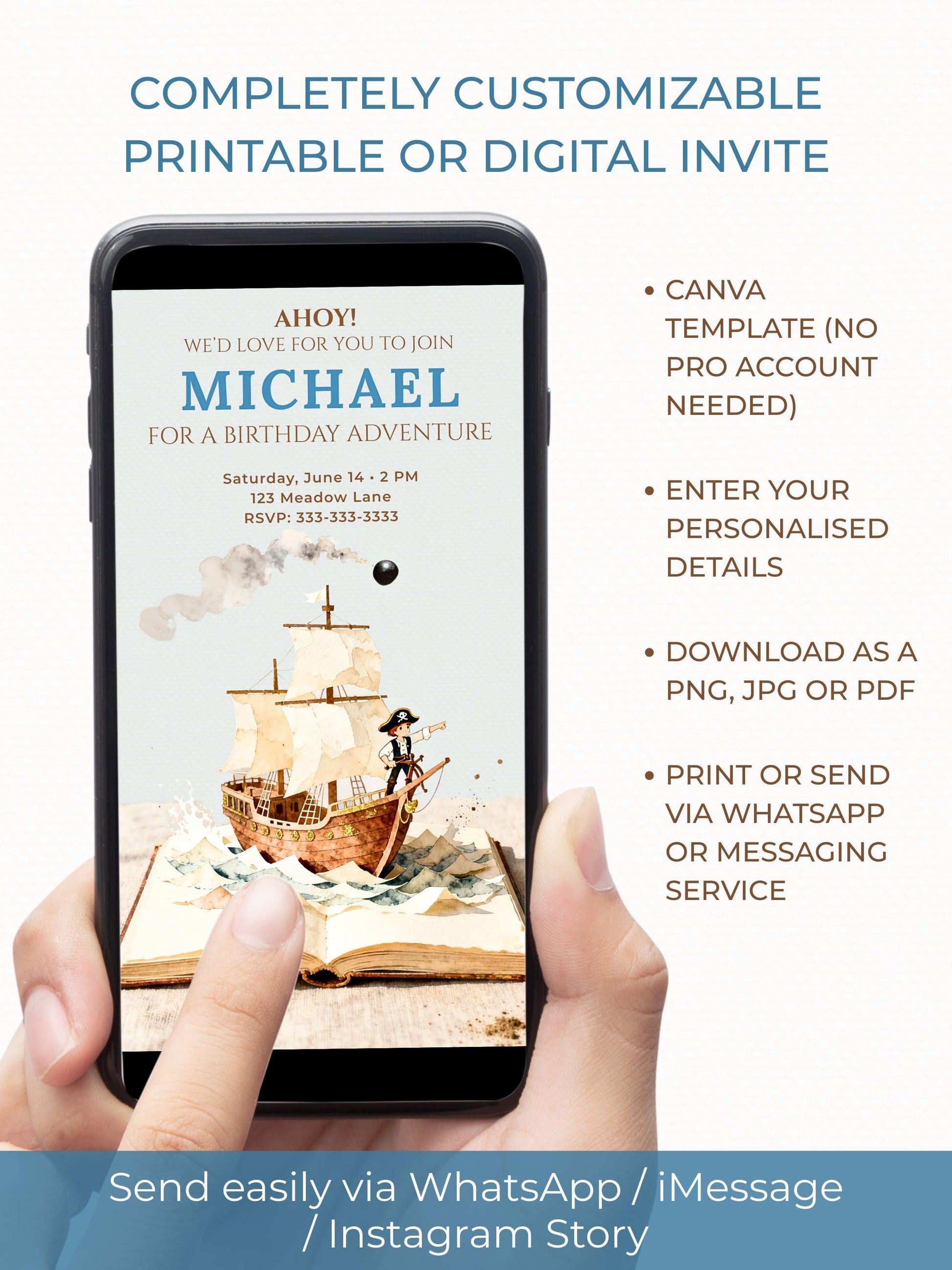 Printable Pirate Birthday Party Invitation - Custom Storybook Ship, Digital Evite for Kids (Editable Instant Download Canva Template Invite)
