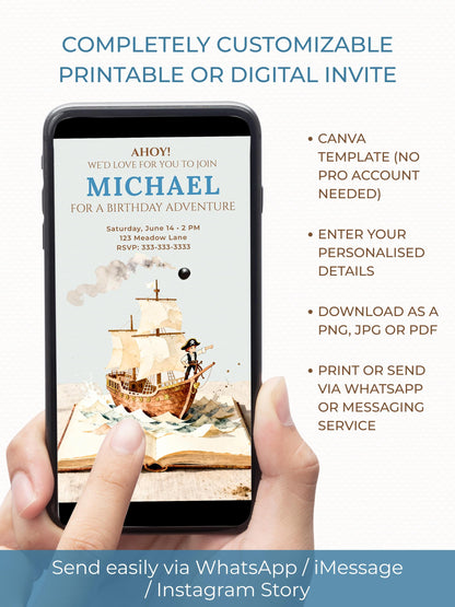 Printable Pirate Birthday Party Invitation - Custom Storybook Ship, Digital Evite for Kids (Editable Instant Download Canva Template Invite)