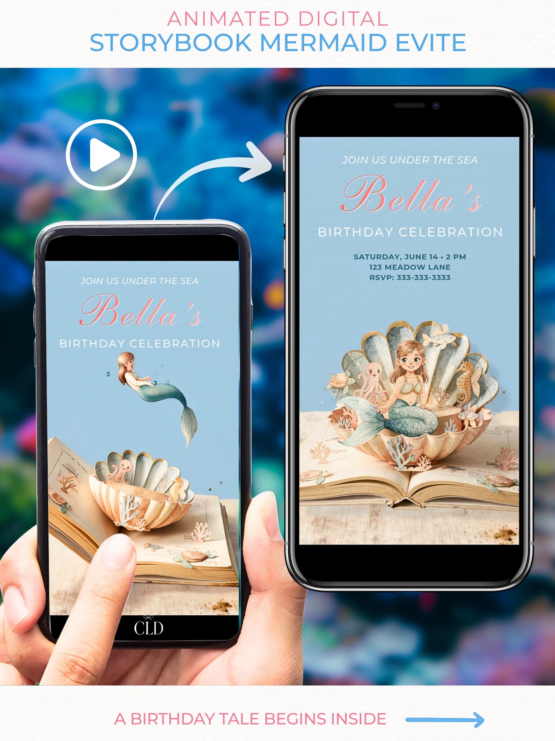 Animated storybook mermaid birthday evite displayed on a smartphone, featuring a mermaid jumping into a seashell inside an open book, editable Canva digital invitation