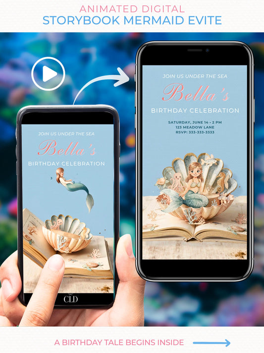 Animated storybook mermaid birthday evite displayed on a smartphone, featuring a mermaid jumping into a seashell inside an open book, editable Canva digital invitation