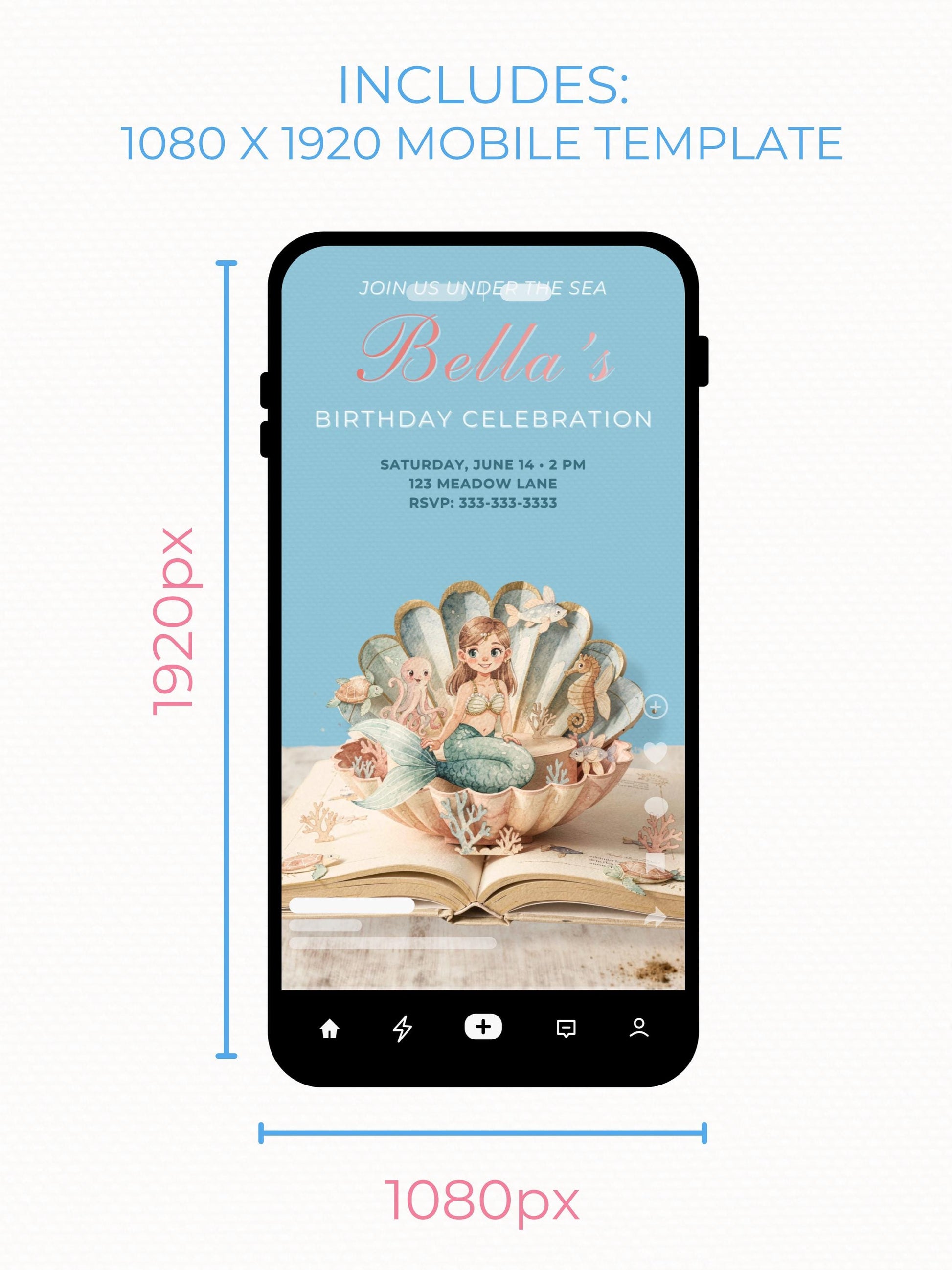 Printable Mermaid Birthday Invite - Digital Custom Storybook Under the Sea Party Invitation (Editable Instant Download Canva Template Evite)