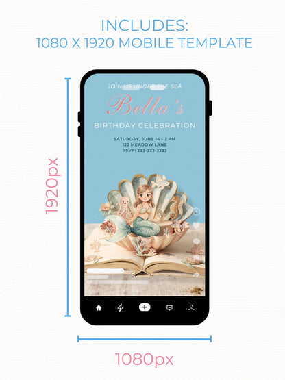 Printable Mermaid Birthday Invite - Digital Custom Storybook Under the Sea Party Invitation (Editable Instant Download Canva Template Evite)