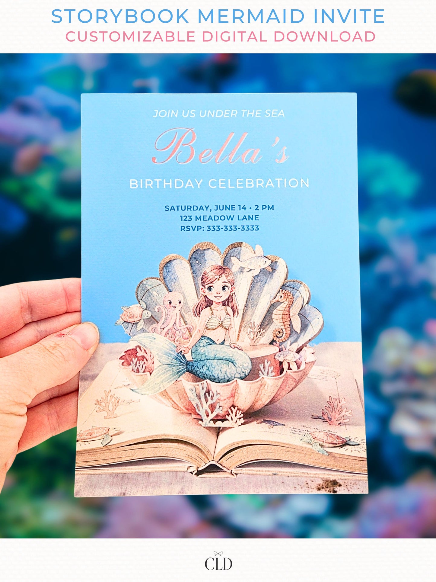 Printable storybook mermaid birthday invitation featuring a mermaid sitting in a seashell on an open book, under the sea themed kids birthday invite