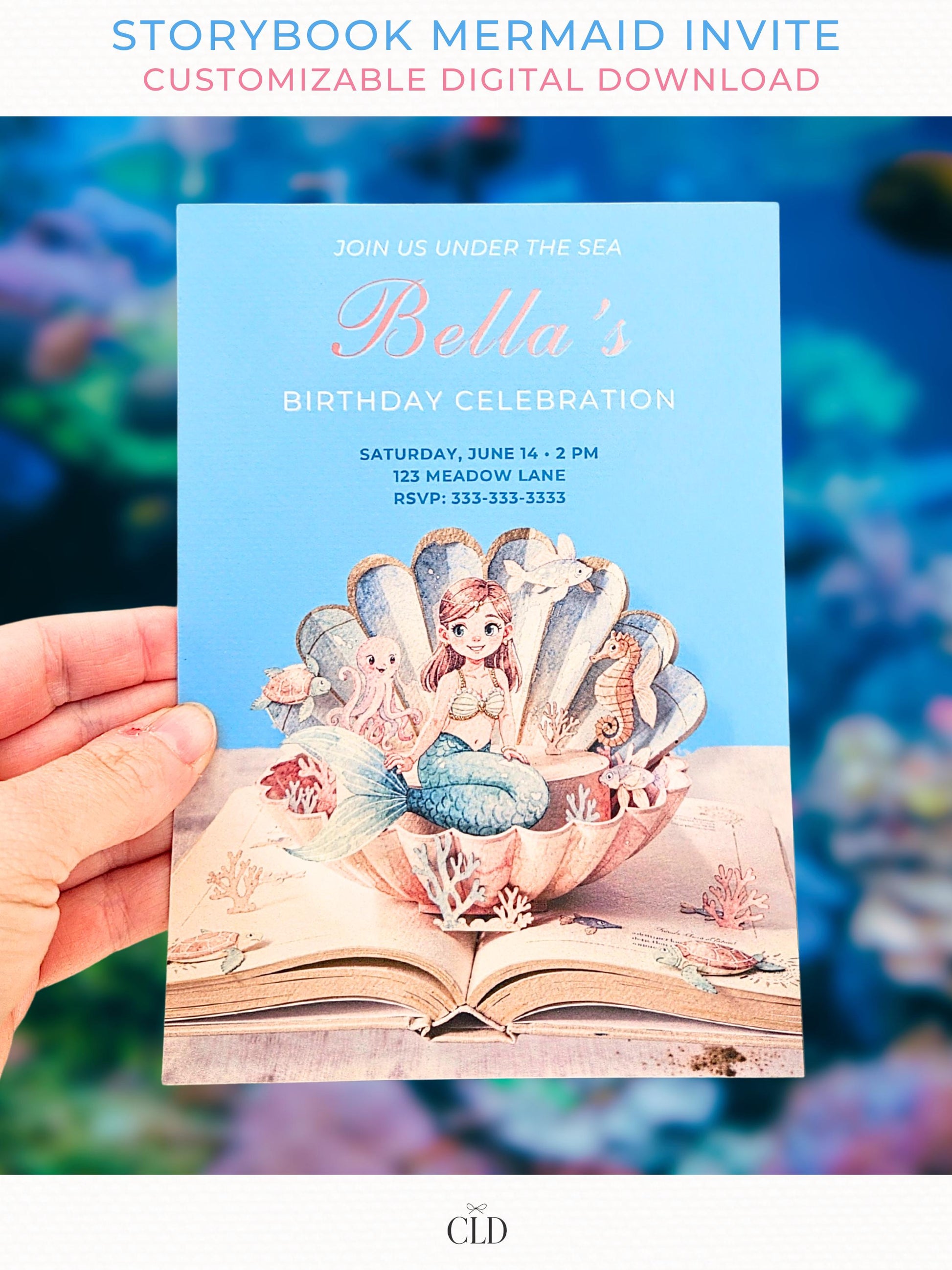 Printable storybook mermaid birthday invitation featuring a mermaid sitting in a seashell on an open book, under the sea themed kids birthday invite