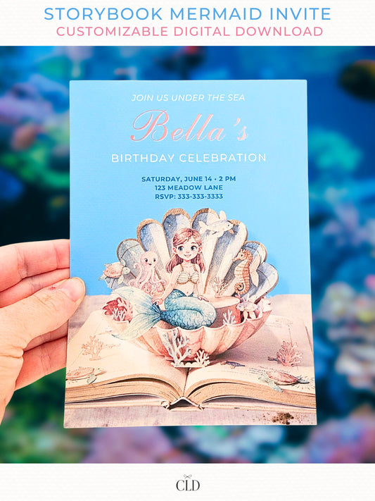 Printable storybook mermaid birthday invitation featuring a mermaid sitting in a seashell on an open book, under the sea themed kids birthday invite
