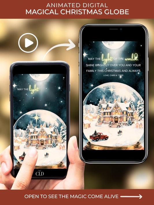 Hand holding a mobile phone displaying an animated Christmas snowglobe card with a glowing moonlit sky, snowy village scene, red truck, and family walking toward a decorated house. Second phone shows the same design highlighted. Warm golden bokeh background with text reading Animated Digital Magical Christmas Globe