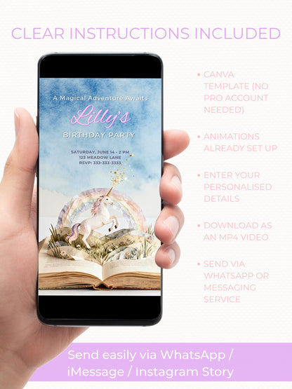 Animated Unicorn Birthday Evite - Custom Storybook Magical Rainbow Party Invitation (Instant Download Editable Canva Digital Invite)