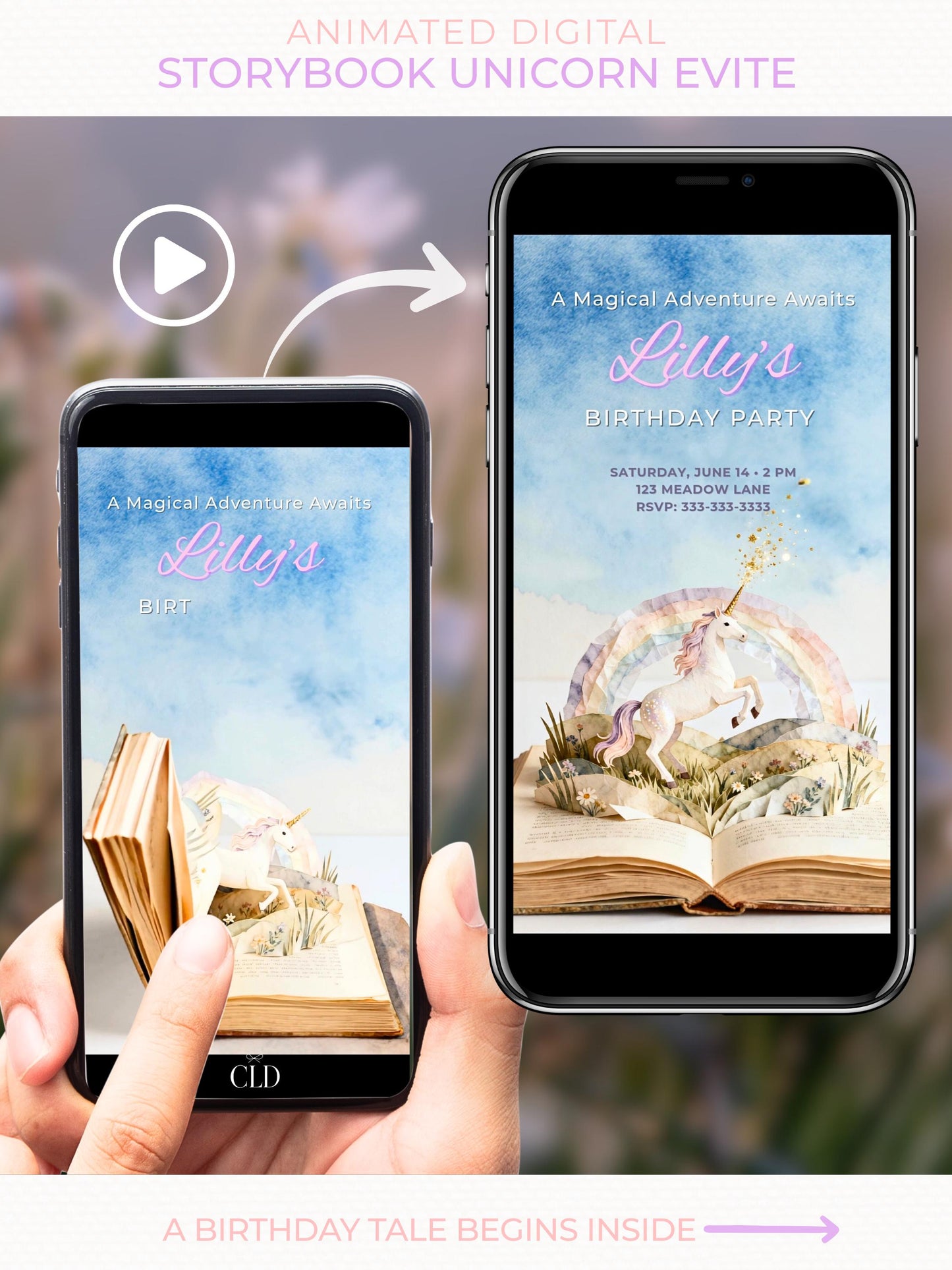 Animated storybook unicorn birthday evite displayed on a phone screen, showing a pastel unicorn rearing up in a rainbow meadow with sparkling magic, opening from a vintage pop-up book, designed as a magical digital birthday invitation.