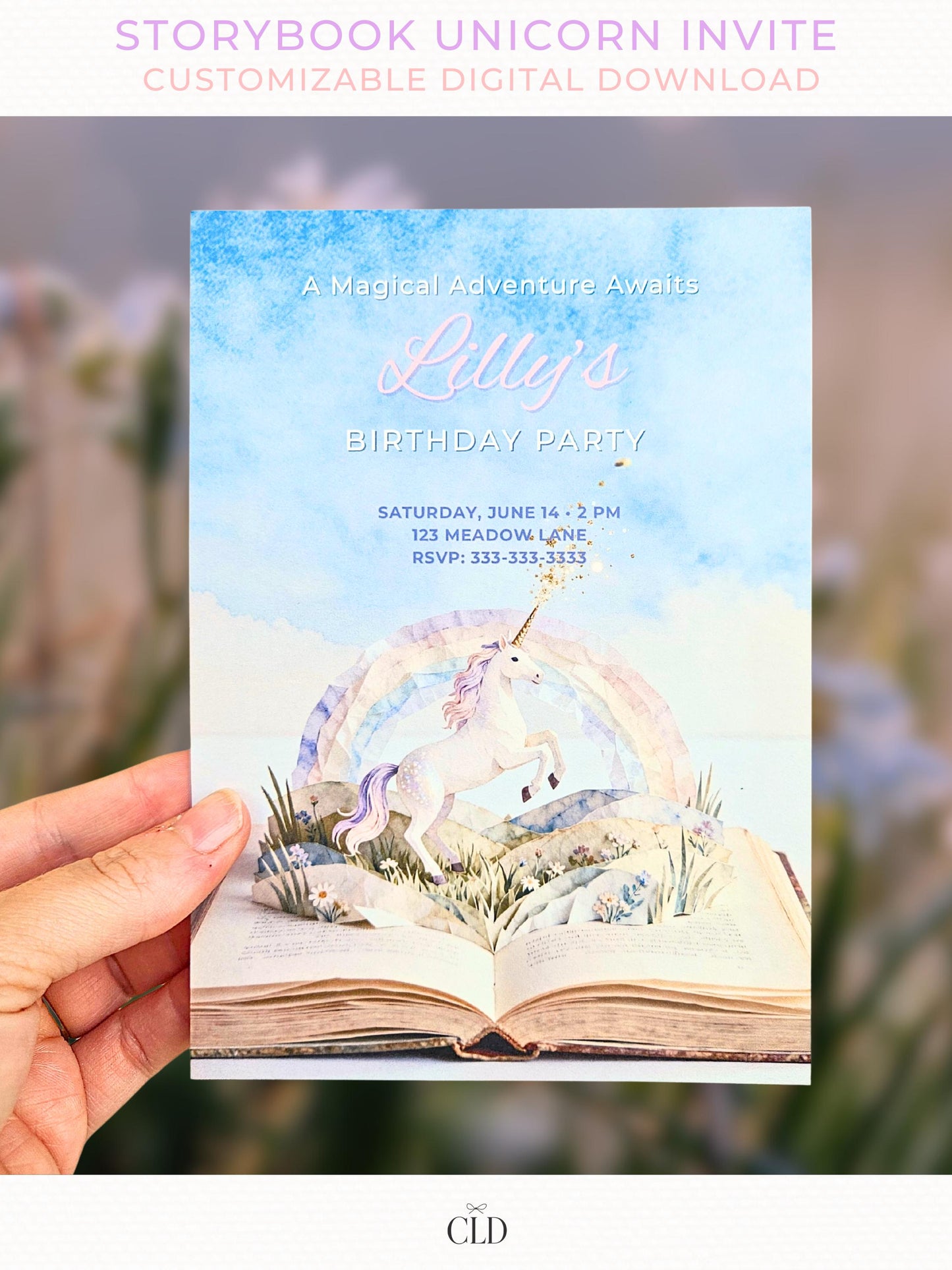 Printable storybook unicorn birthday invitation featuring a pop-up book illustration with a pastel rainbow and rearing unicorn, soft watercolor style, shown as an editable Canva template