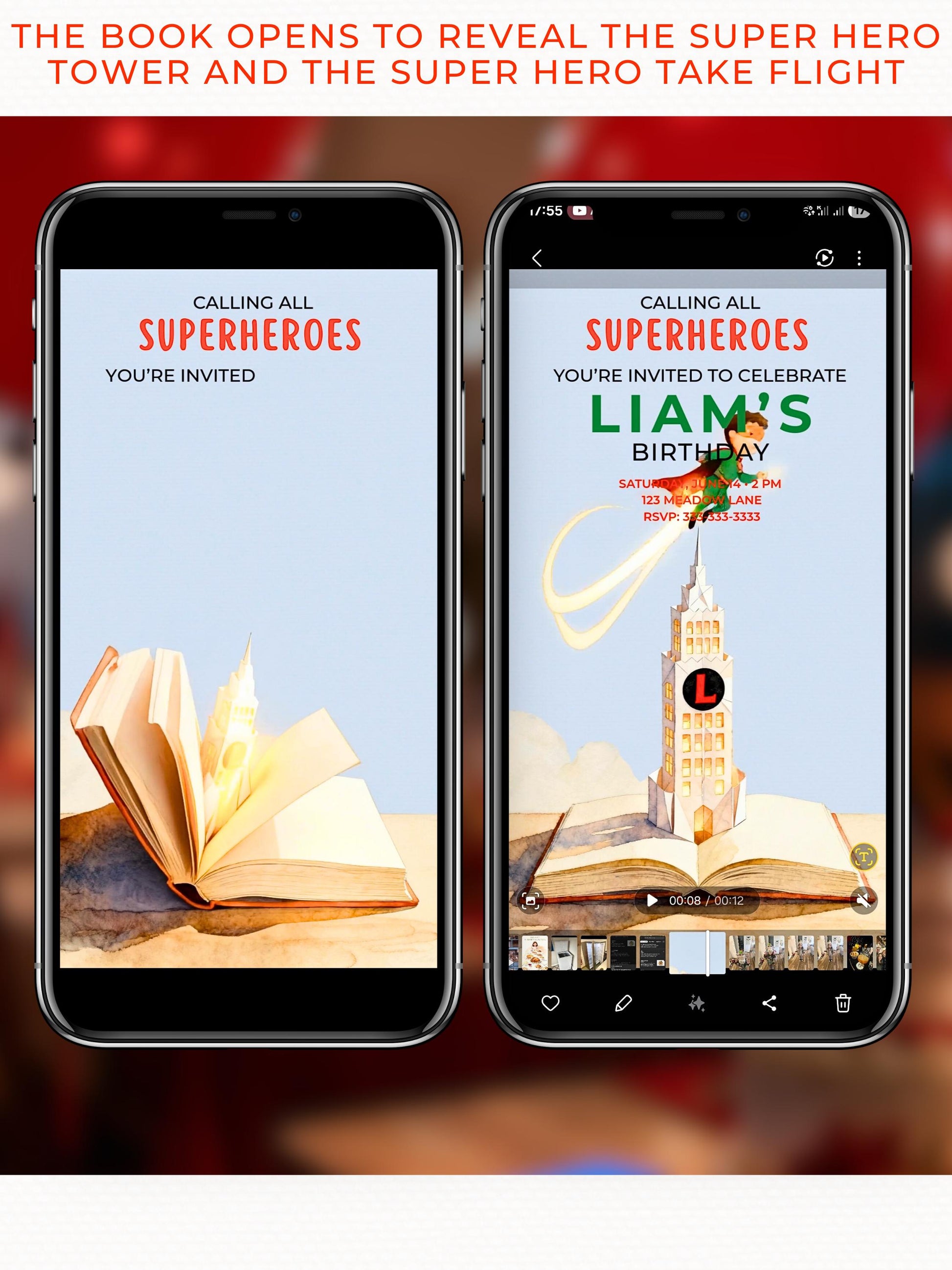 Animated Superhero Birthday Invitation - Editable Storybook Tower Digital Evite (Instant Download Custom Canva Template)