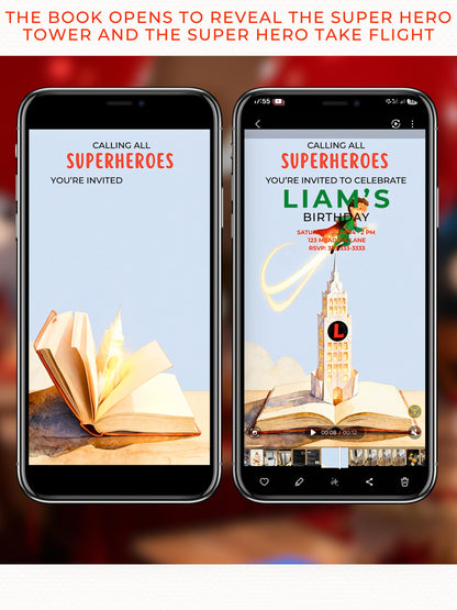 Animated Superhero Birthday Invitation - Editable Storybook Tower Digital Evite (Instant Download Custom Canva Template)