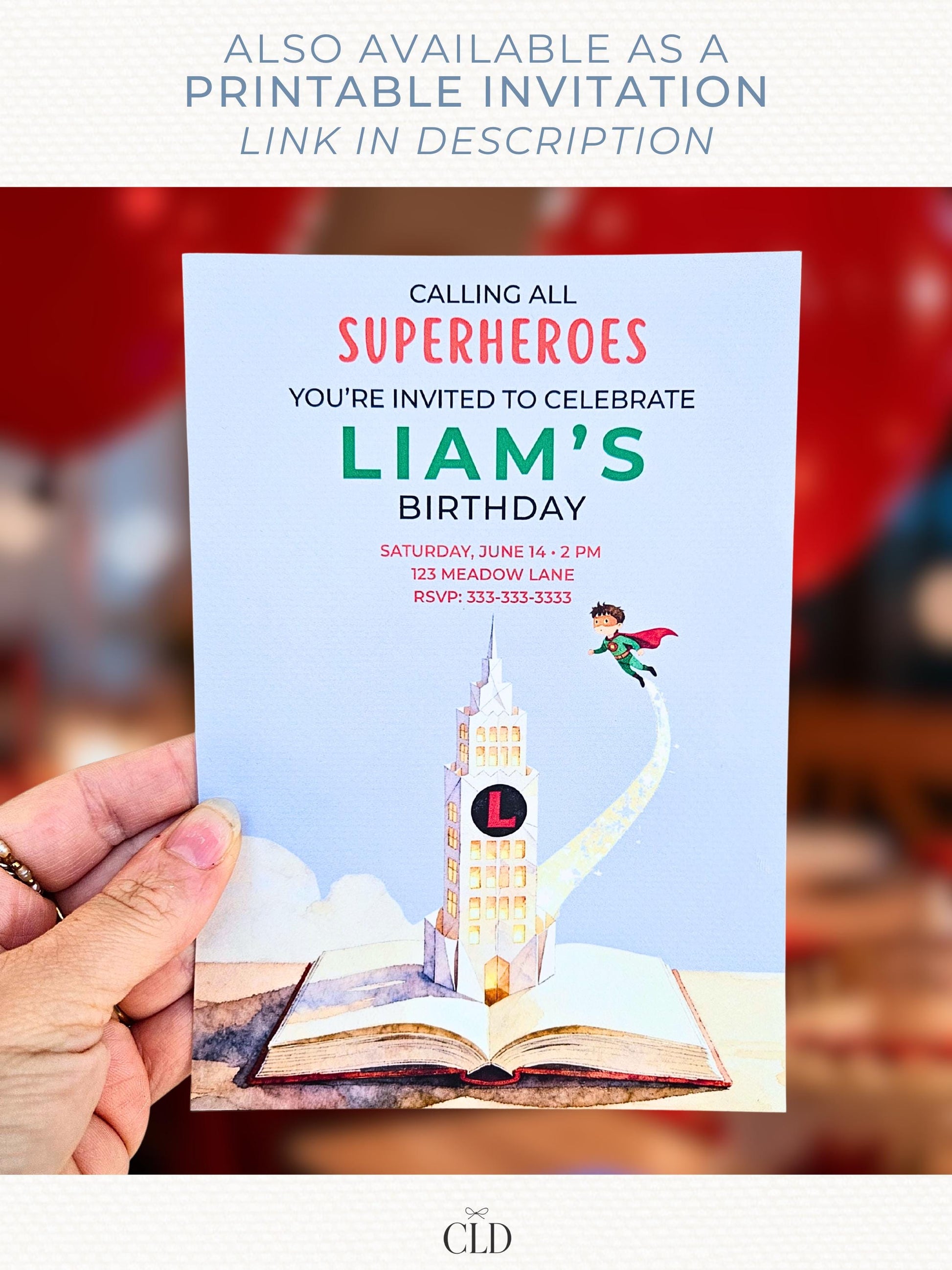 Animated Superhero Birthday Invitation - Editable Storybook Tower Digital Evite (Instant Download Custom Canva Template)