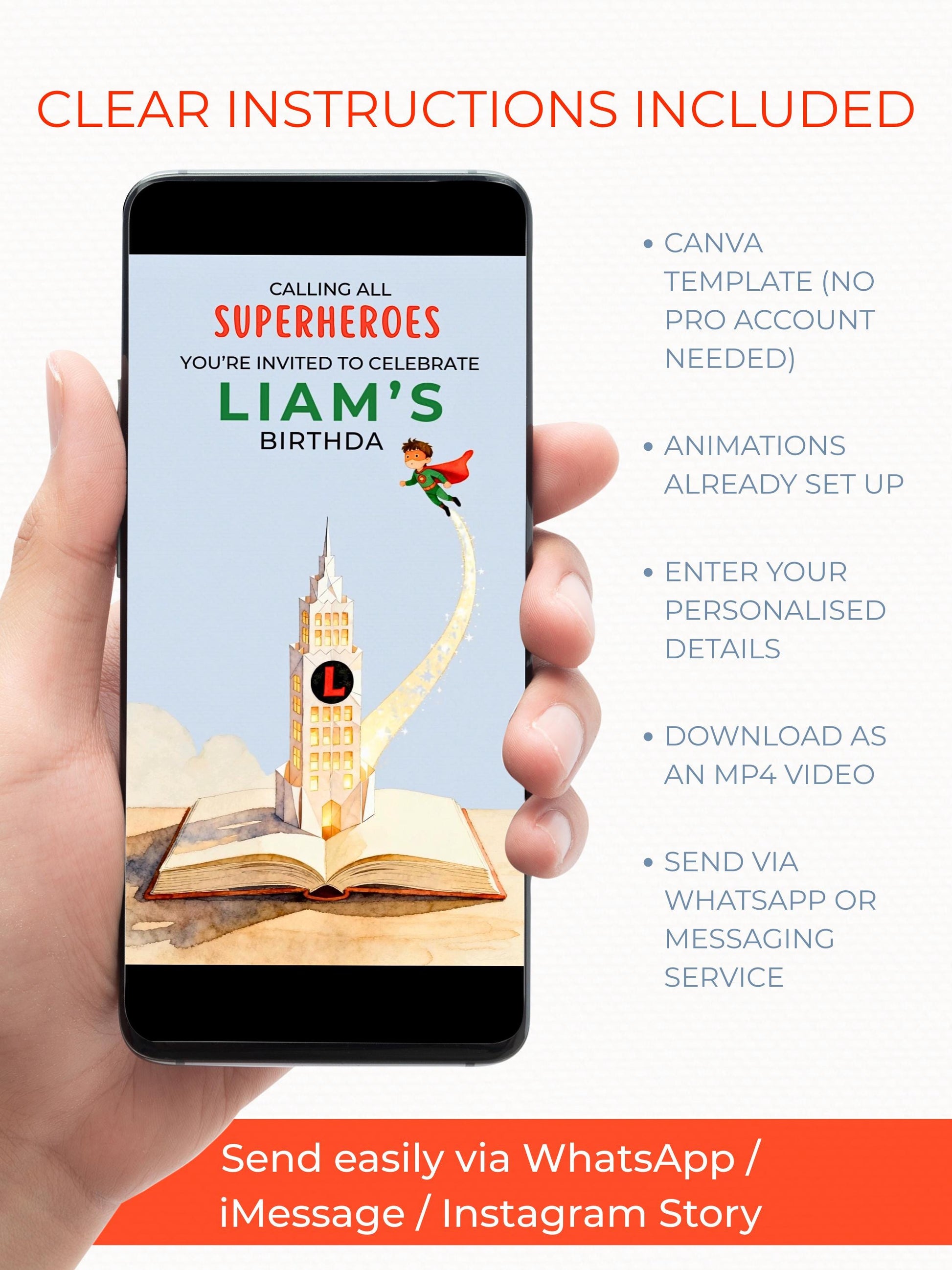 Animated Superhero Birthday Invitation - Editable Storybook Tower Digital Evite (Instant Download Custom Canva Template)