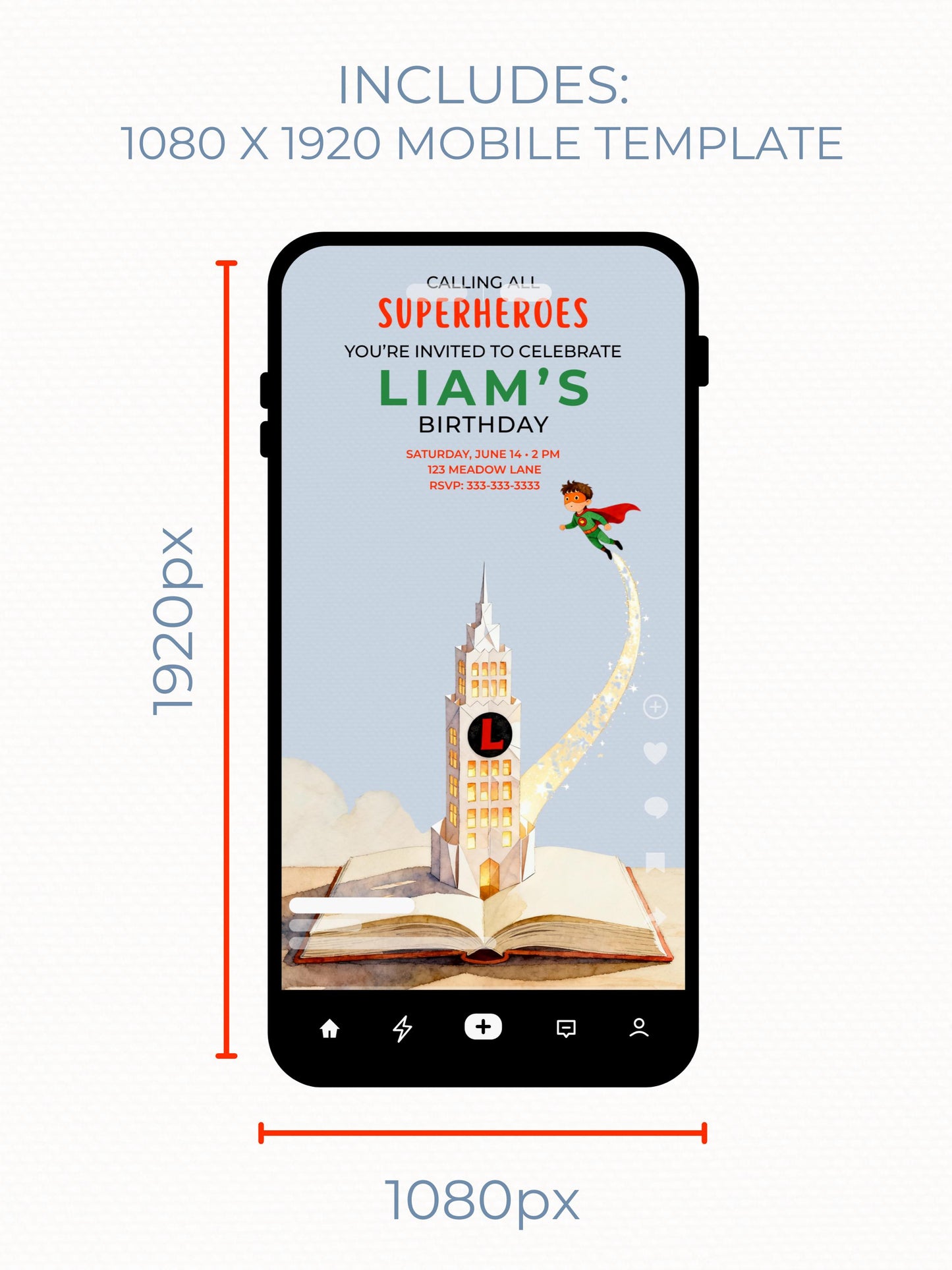 Superhero Birthday Invitation- Editable Magical Storybook Tower Digital Evite (Instant Download Custom Canva Template)