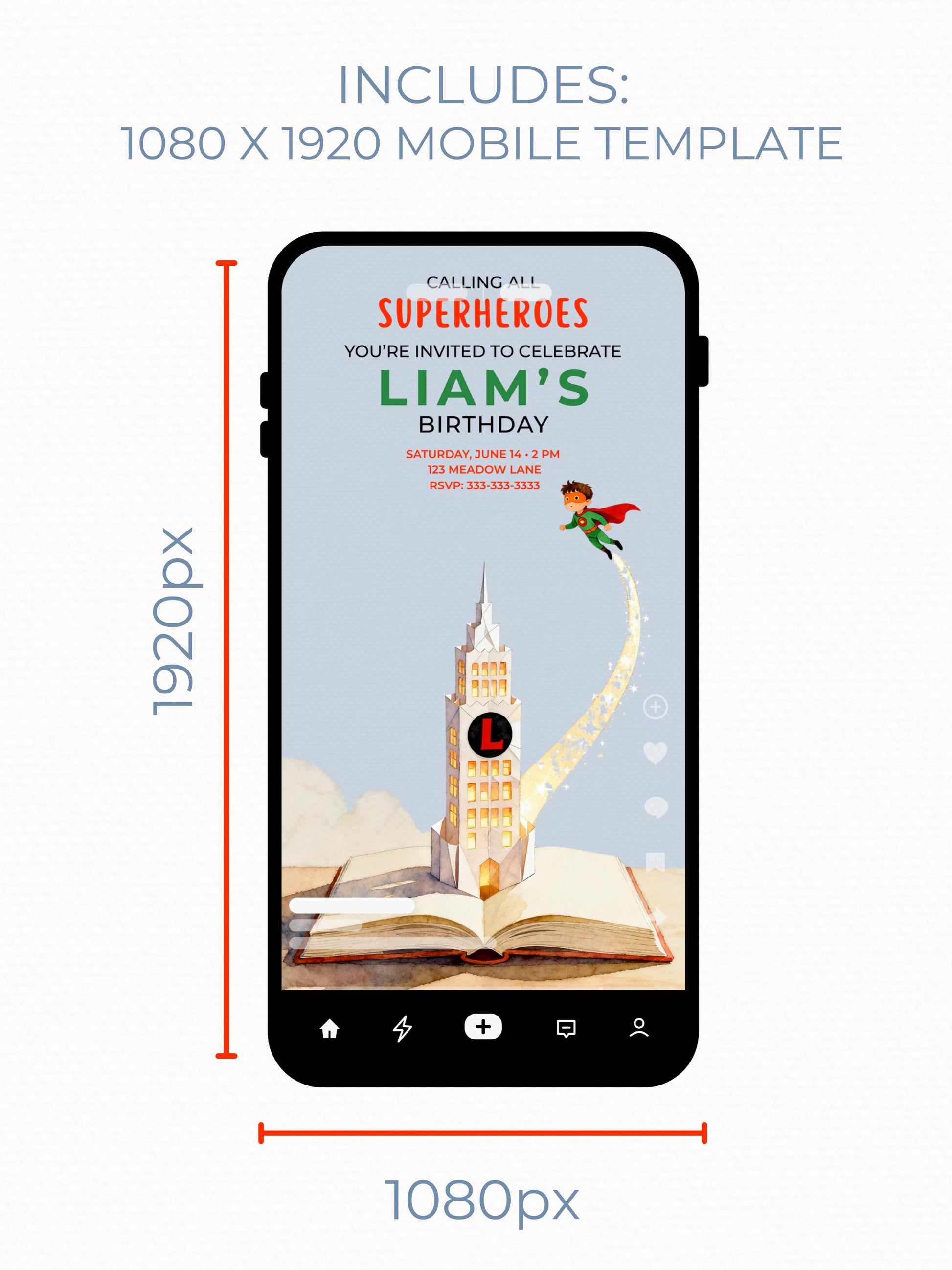 Superhero Birthday Invitation- Editable Magical Storybook Tower Digital Evite (Instant Download Custom Canva Template)