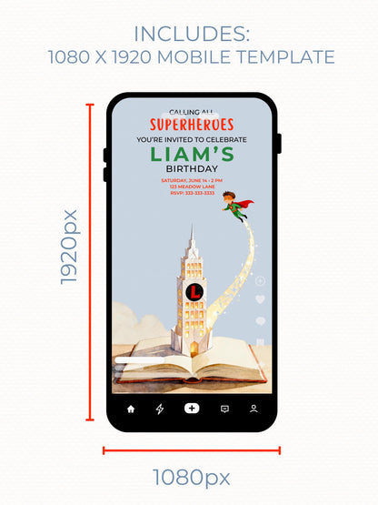 Superhero Birthday Invitation- Editable Magical Storybook Tower Digital Evite (Instant Download Custom Canva Template)