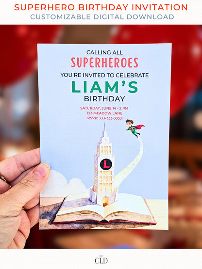 Watercolor superhero birthday invitation card held by a hand, featuring a bold headline ‘Calling All Superheroes’, a storybook tower illustration, and a small hero flying beside it with a sparkle trail. Clean, minimalist layout with bright colors and illustrated details. Logo mark at the bottom.