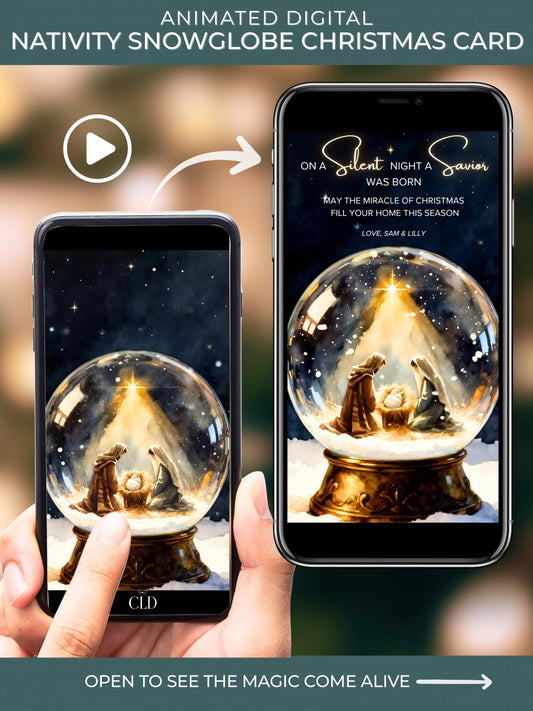 Animated nativity snow globe Christmas card displayed on a smartphone, featuring Mary, Joseph, and baby Jesus inside a glowing snow globe with falling snow and softly twinkling stars, faith-based digital Christmas greeting