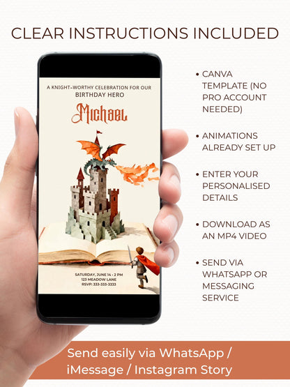 Knight Birthday Video Invite for Kids – Custom Fantasy Storybook Castle Pop-Up Invitation (Editable Instant Download Canva Template Evite)