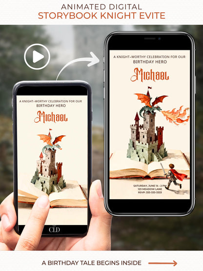 Straight-on digital mockup showing a medieval storybook castle rising from an open book, with a knight character facing away and running toward the book. A dragon grips the top tower, breathing flat papery fire with a pulsing glow. The layout is symmetrical, clean, and cinematic, hinting at a handcrafted fantasy scene. The Birthday invitation appears inside a realistic phone mockup, designed for digital sharing