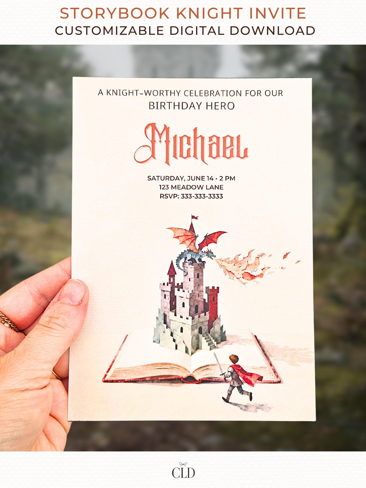 A birthday invitation featuring a medieval storybook with a single rising grey stone castle tower, a dragon clinging to the top breathing stylised paper fire, with a small knight figure facing away and running toward the book. Warm, minimal, fantasy birthday invitation overlay design.