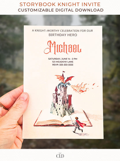 A birthday invitation featuring a medieval storybook with a single rising grey stone castle tower, a dragon clinging to the top breathing stylised paper fire, with a small knight figure facing away and running toward the book. Warm, minimal, fantasy birthday invitation overlay design.