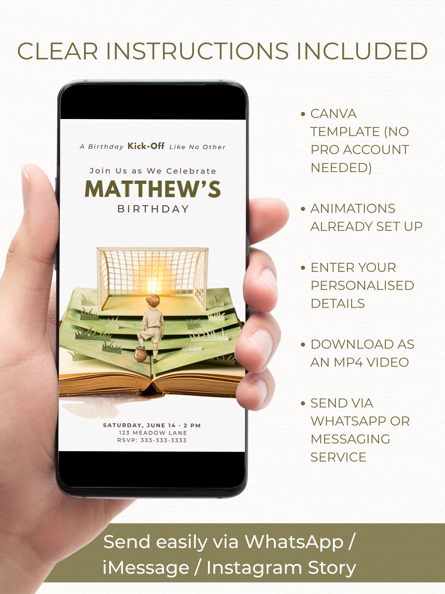 Animated Soccer Birthday Evite - Custom Storybook Football Party Invitation (Digital Instant Download Editable Canva Video Invite for Kids)