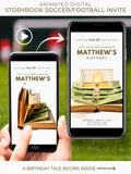 Animated storybook soccer birthday evite showing a pop-up book opening to reveal a young boy in a football kit standing on a field facing a glowing goal, displayed on a mobile phone screen.