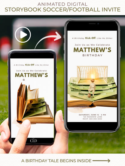 Animated storybook soccer birthday evite showing a pop-up book opening to reveal a young boy in a football kit standing on a field facing a glowing goal, displayed on a mobile phone screen.