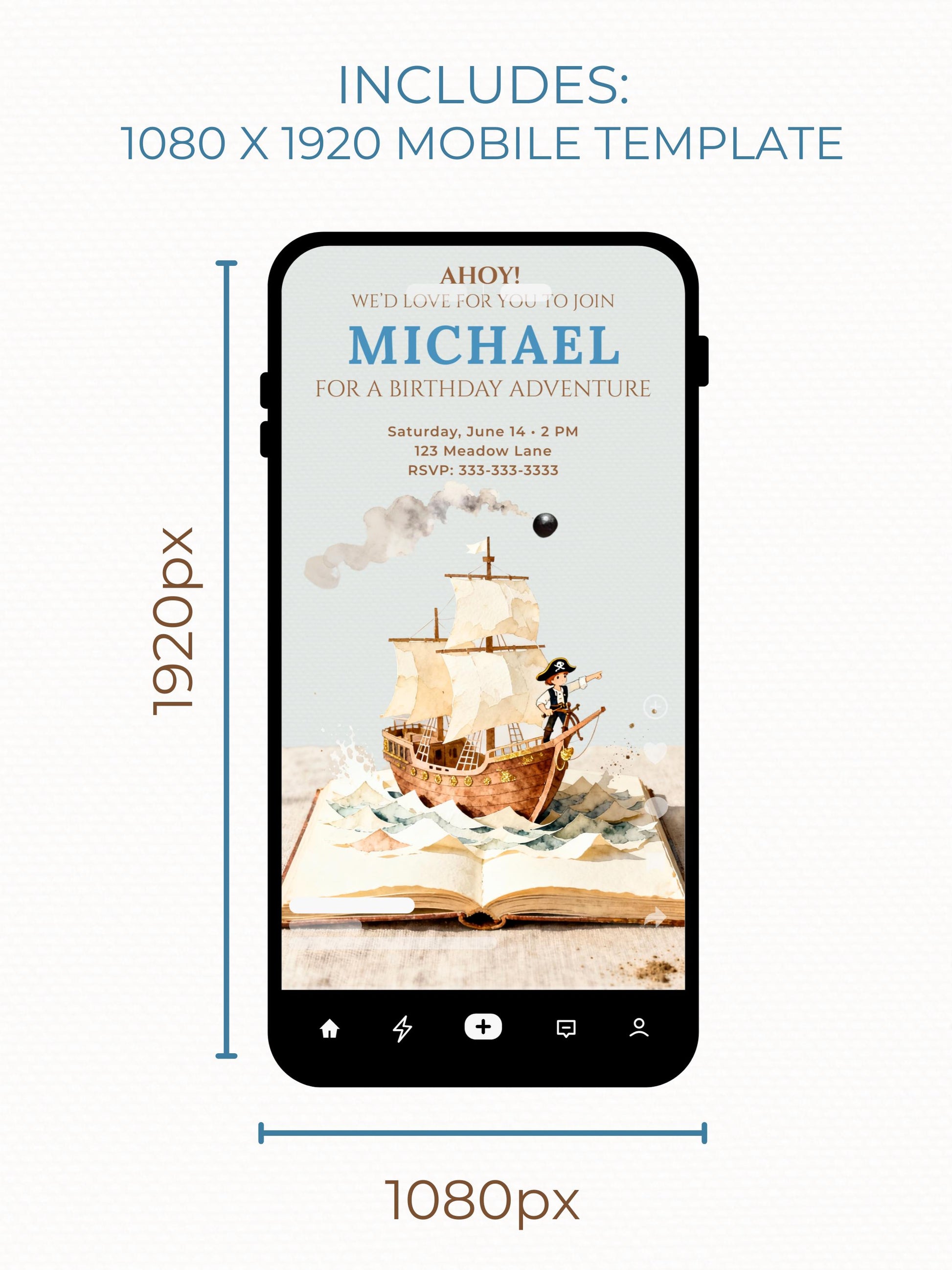 Printable Pirate Birthday Party Invitation - Custom Storybook Ship, Digital Evite for Kids (Editable Instant Download Canva Template Invite)