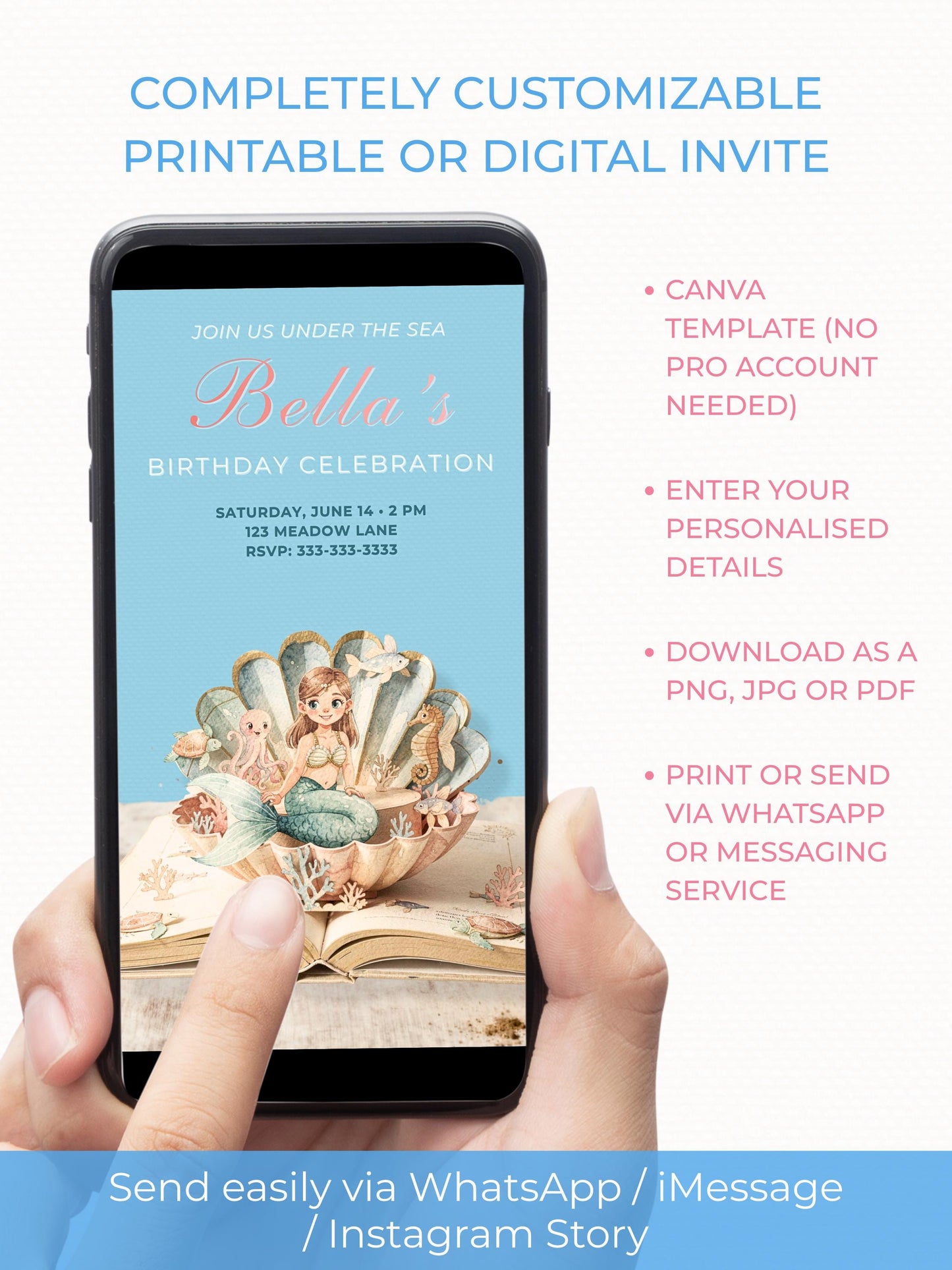 Printable Mermaid Birthday Invite - Digital Custom Storybook Under the Sea Party Invitation (Editable Instant Download Canva Template Evite)