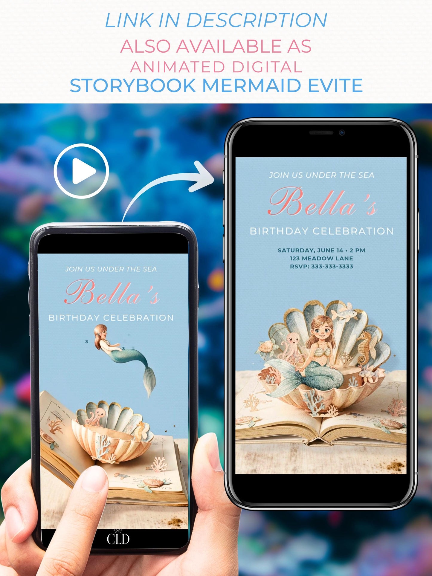 Printable Mermaid Birthday Invite - Digital Custom Storybook Under the Sea Party Invitation (Editable Instant Download Canva Template Evite)