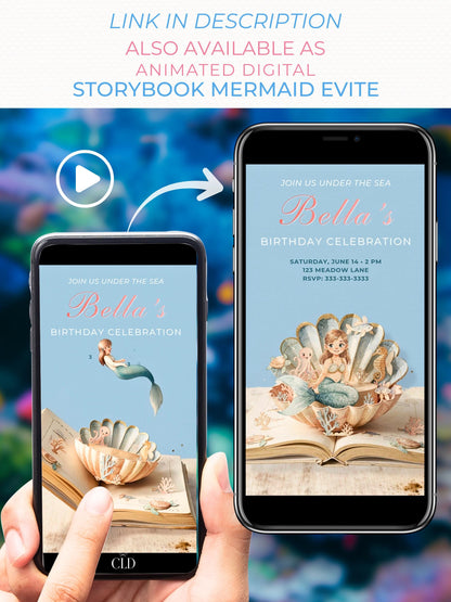 Printable Mermaid Birthday Invite - Digital Custom Storybook Under the Sea Party Invitation (Editable Instant Download Canva Template Evite)