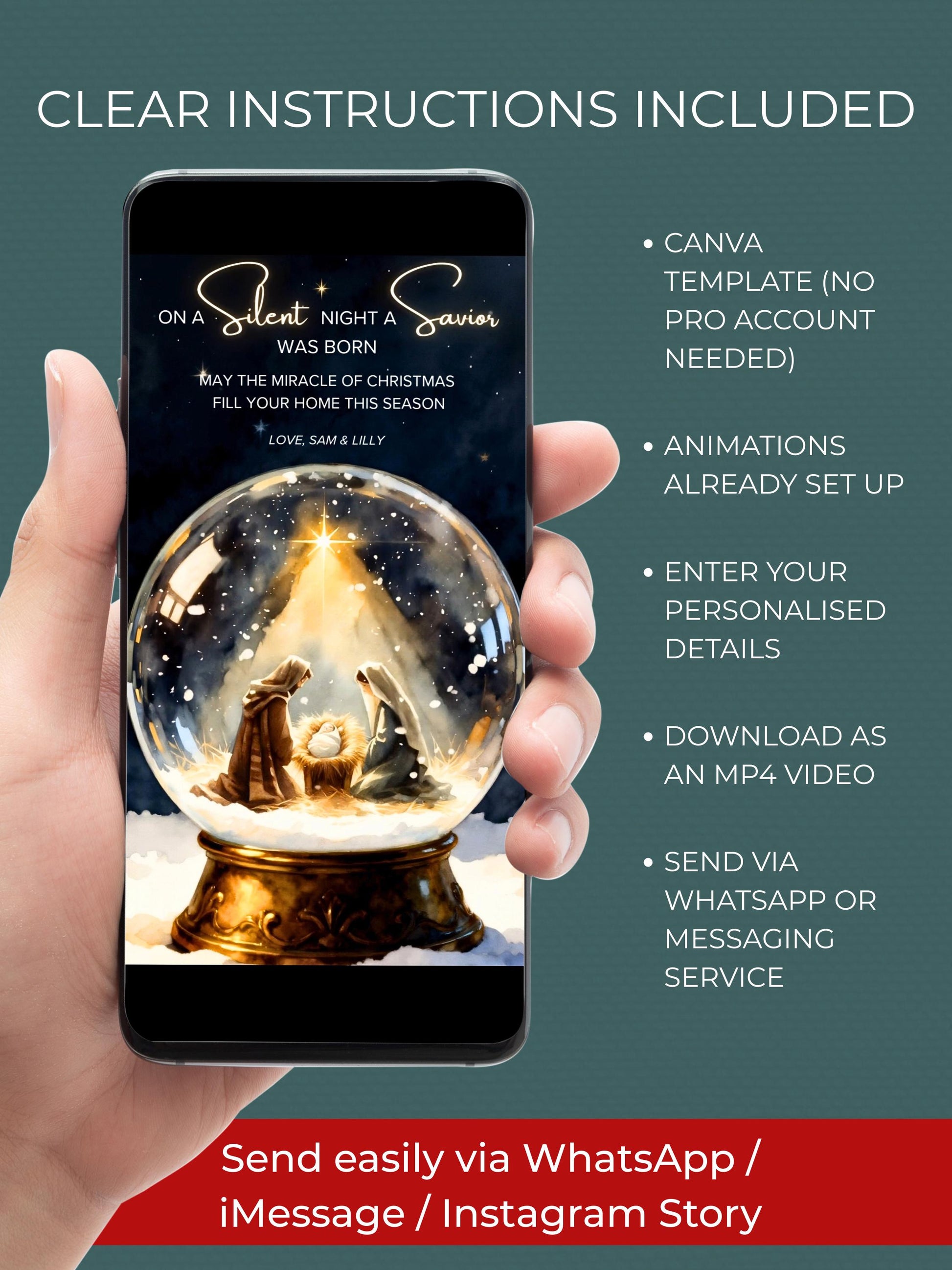 Animated Nativity Snow Globe Christmas Card - Religious Faith-Based Holiday Seasonal Greeting (Custom Instant Download Canva Template)