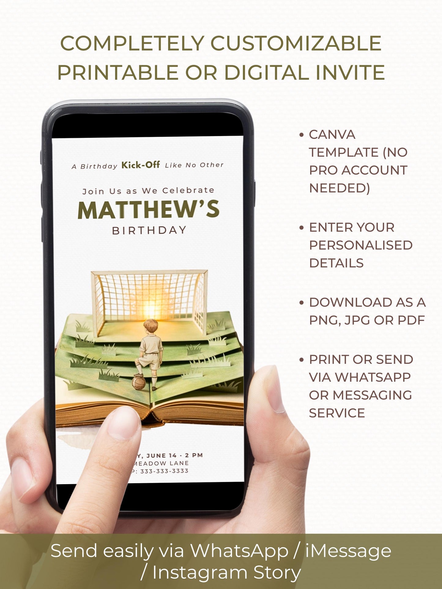 Printable Soccer Birthday Invitation - Custom Storybook Football Party Invite (Digital Instant Download Editable Canva Evite for Kids)