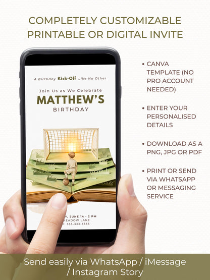 Printable Soccer Birthday Invitation - Custom Storybook Football Party Invite (Digital Instant Download Editable Canva Evite for Kids)
