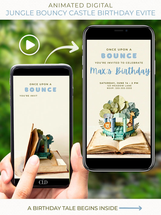 Storybook pop-up jungle bouncy castle animated birthday invitation template displayed on two smartphones, editable in Canva and sent as a digital video evite.