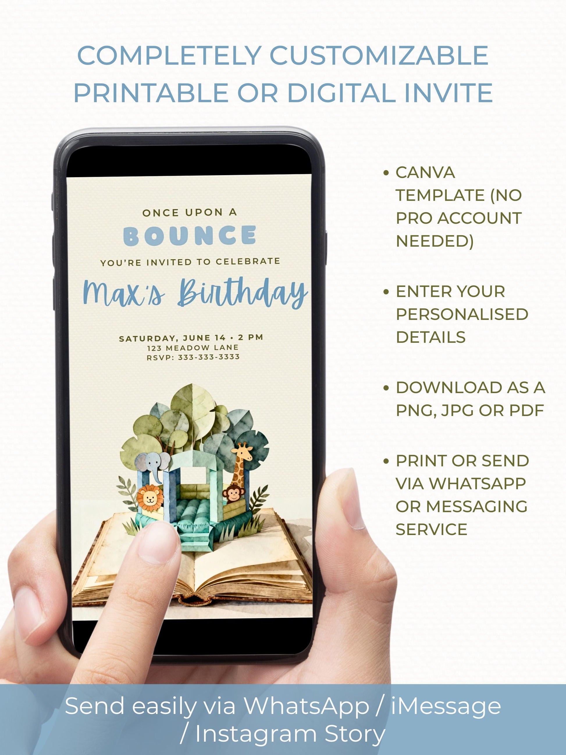 Jungle Bouncy Castle Birthday Invitation Template - Storybook Pop Up Party Invite (Editable Canva Printable Invite 5x7 Digital Download)