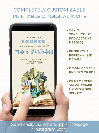 Jungle Bouncy Castle Birthday Invitation Template - Storybook Pop Up Party Invite (Editable Canva Printable Invite 5x7 Digital Download)