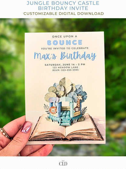 Jungle Bouncy Castle Birthday Invitation Template - Storybook Pop Up Party Invite (Editable Canva Printable Invite 5x7 Digital Download)