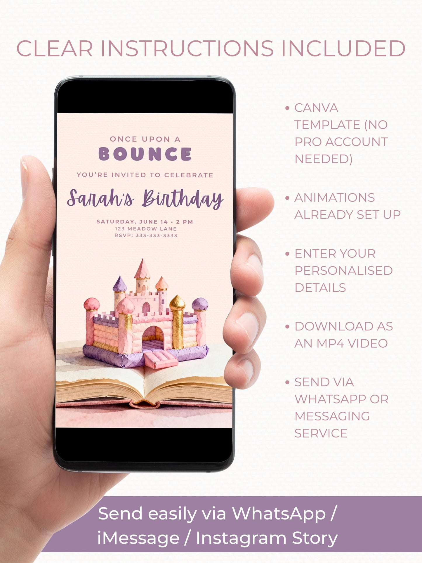 Animated Bouncy Castle Princess Birthday Evite - Custom Video Invitation - Girl Party Digital Invite (Instant Download Canva Template)
