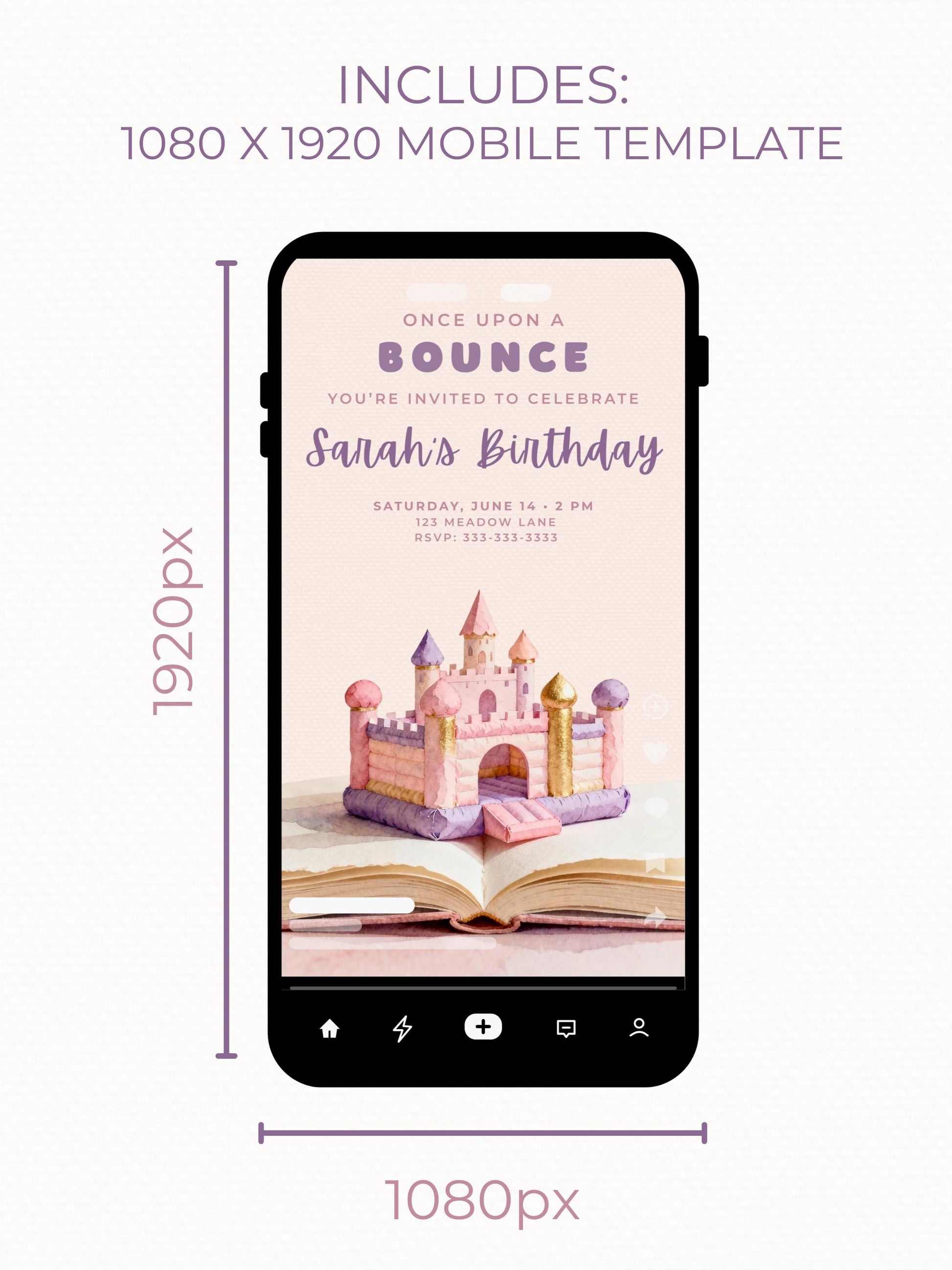 Princess Bouncy Castle Birthday Invitation Printable - Fairytale Bounce House Party Invite (Instant Download Editable Canva Template Evite)