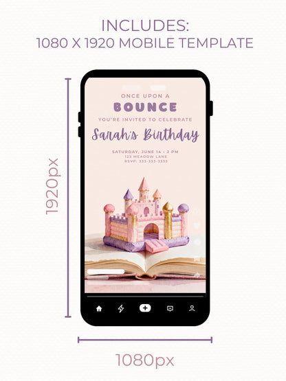 Princess Bouncy Castle Birthday Invitation Printable - Fairytale Bounce House Party Invite (Instant Download Editable Canva Template Evite)