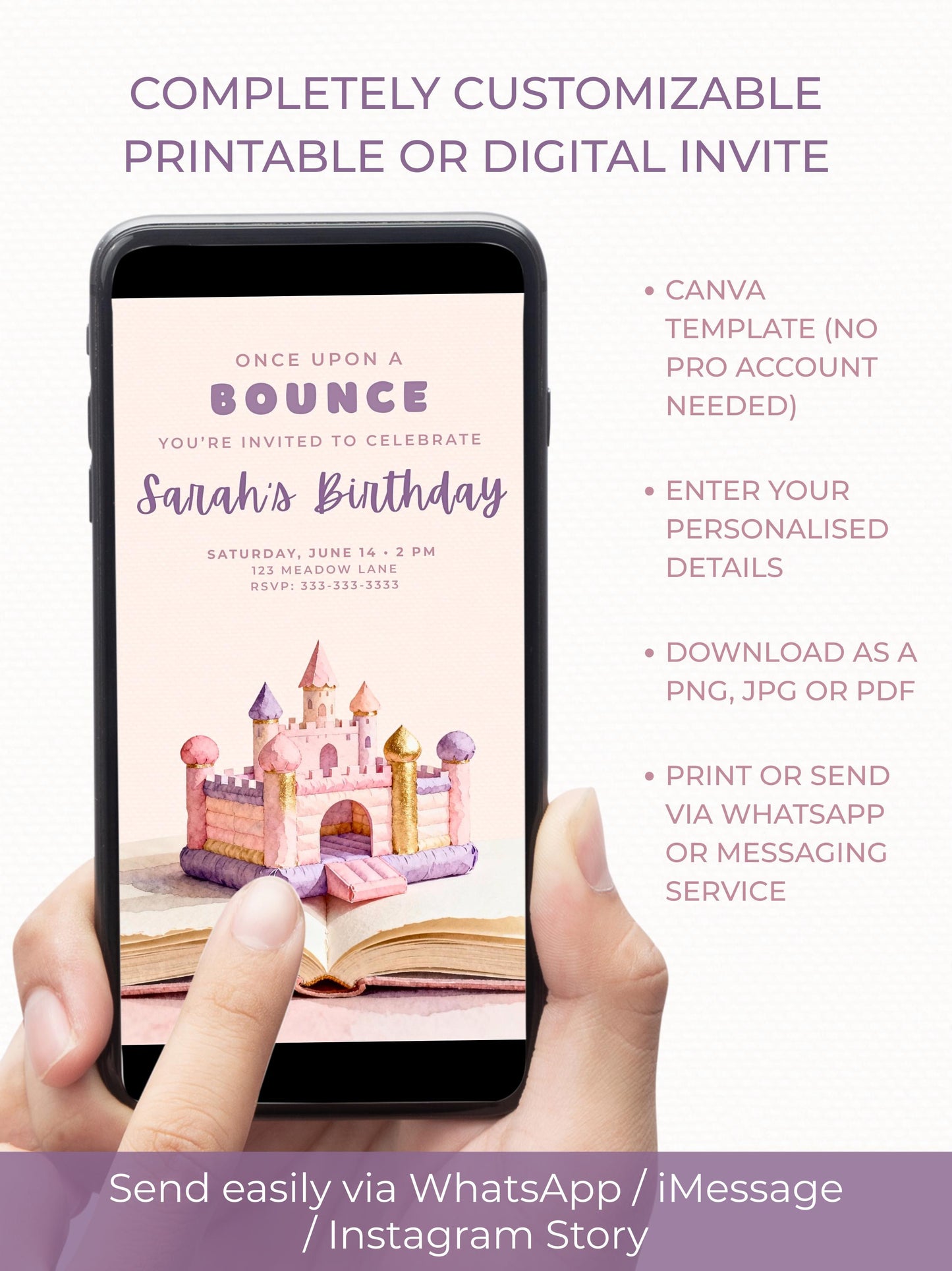 Princess Bouncy Castle Birthday Invitation Printable - Fairytale Bounce House Party Invite (Instant Download Editable Canva Template Evite)