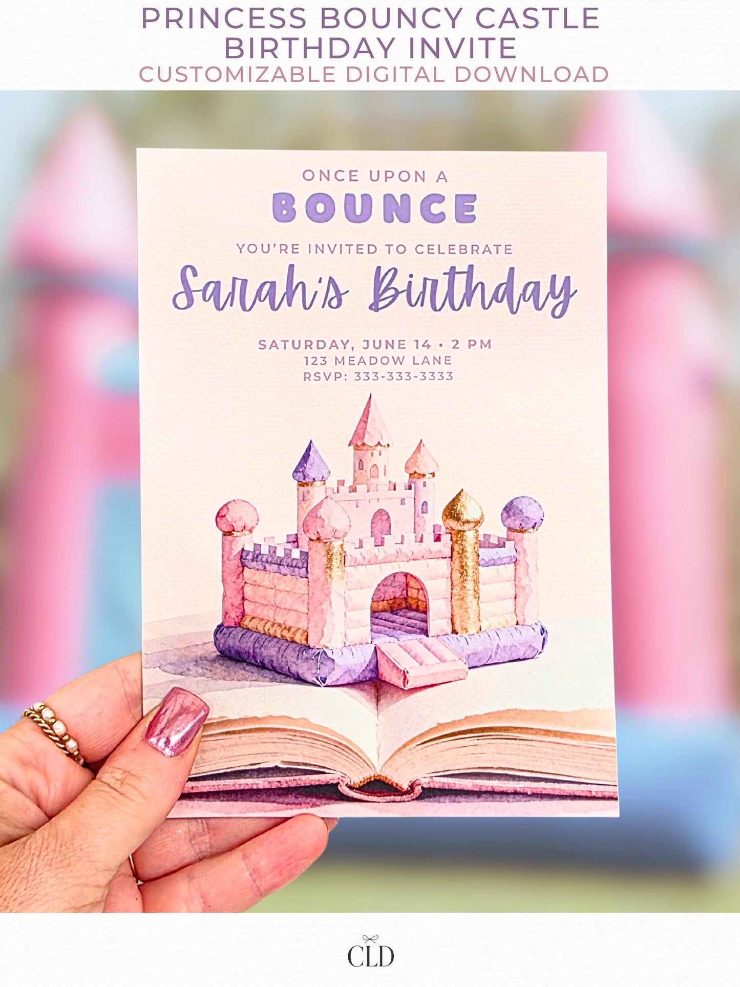 Printable princess bouncy castle birthday invitation featuring a watercolor storybook design with a pastel pink and purple inflatable castle rising from an open book, customized with a child’s birthday details.