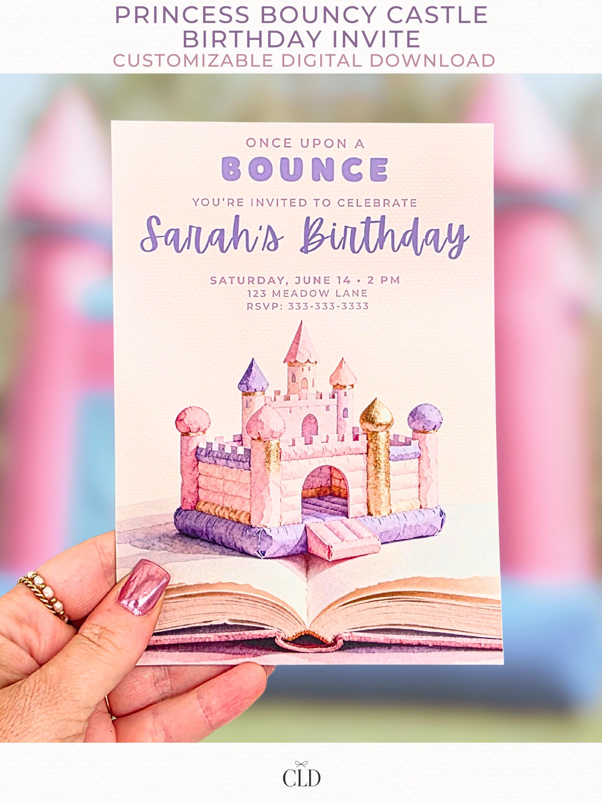 Printable princess bouncy castle birthday invitation featuring a watercolor storybook design with a pastel pink and purple inflatable castle rising from an open book, customized with a child’s birthday details.
