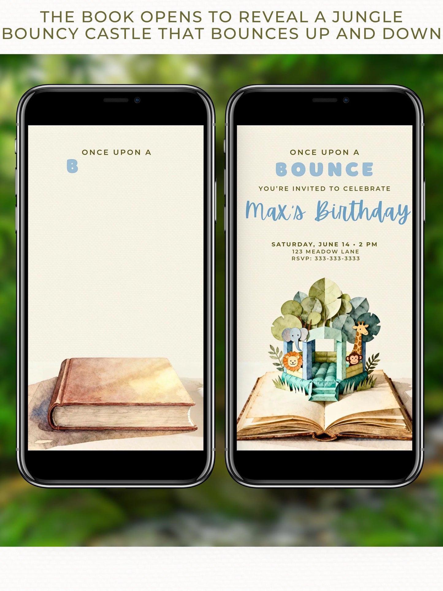 Animated Jungle Bouncy Castle Birthday Evite Template - Storybook Pop Up Digital Invitation (Editable Canva Video Invite for Kids Party)