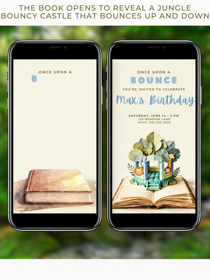 Animated Jungle Bouncy Castle Birthday Evite Template - Storybook Pop Up Digital Invitation (Editable Canva Video Invite for Kids Party)