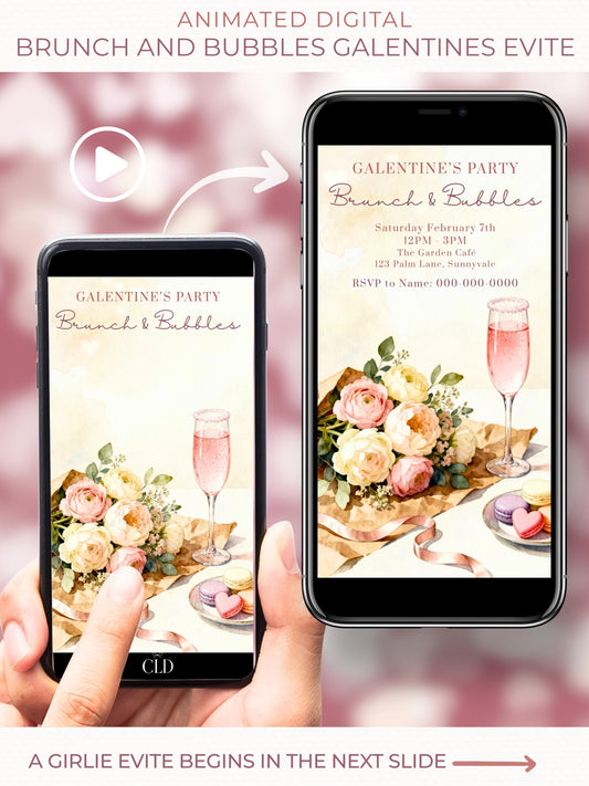 Animated Galentine’s Day brunch invitation displayed on a phone screen, featuring a watercolor bouquet wrapped in brown paper, a pink sparkling mocktail, pastel macarons, soft heart bokeh lights, and elegant text reading “Galentine’s Party – Brunch & Bubbles.”